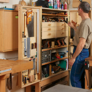 small shop space with standing cabinet